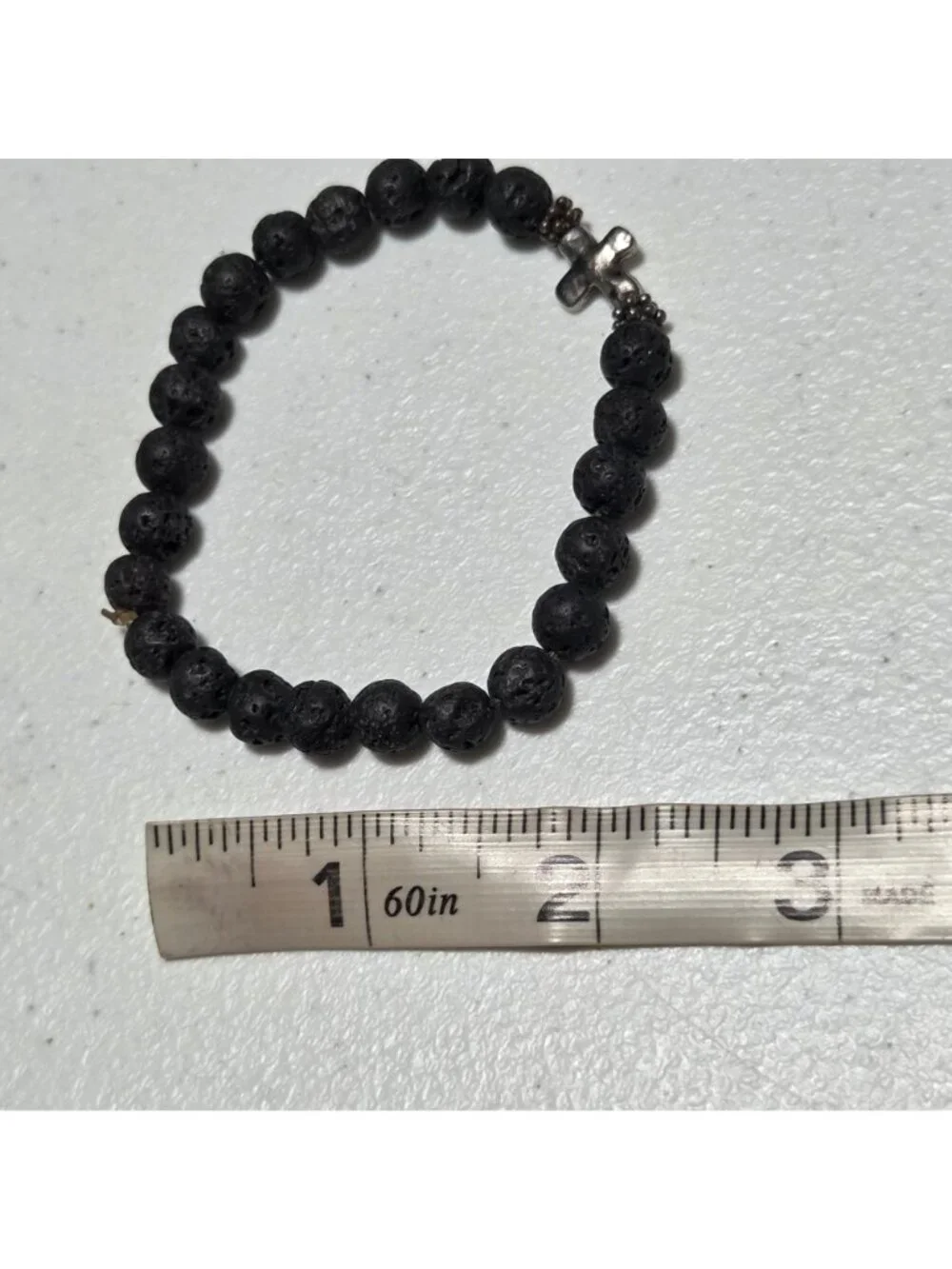 Black Lava Bead Bracelet Stretch Silver Cross Charm Religious Fashion Jewelry